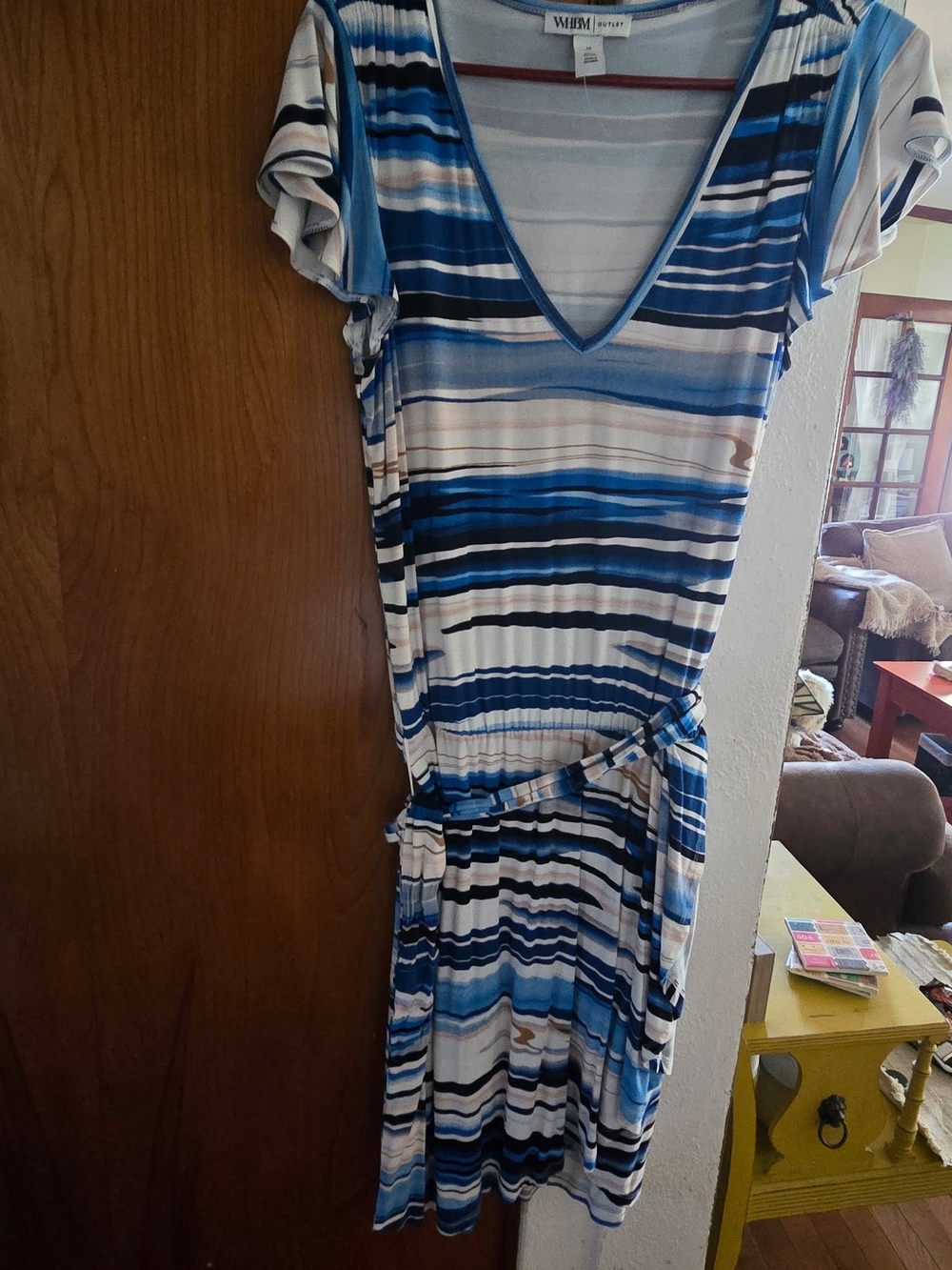 White House Black Market Blue, White & Tan Striped V-Neck Midi Dress